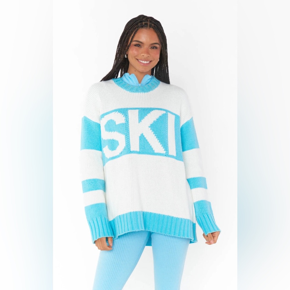 Show Me Your Mumu Oversized Teal Blue White Ski Sweater Small